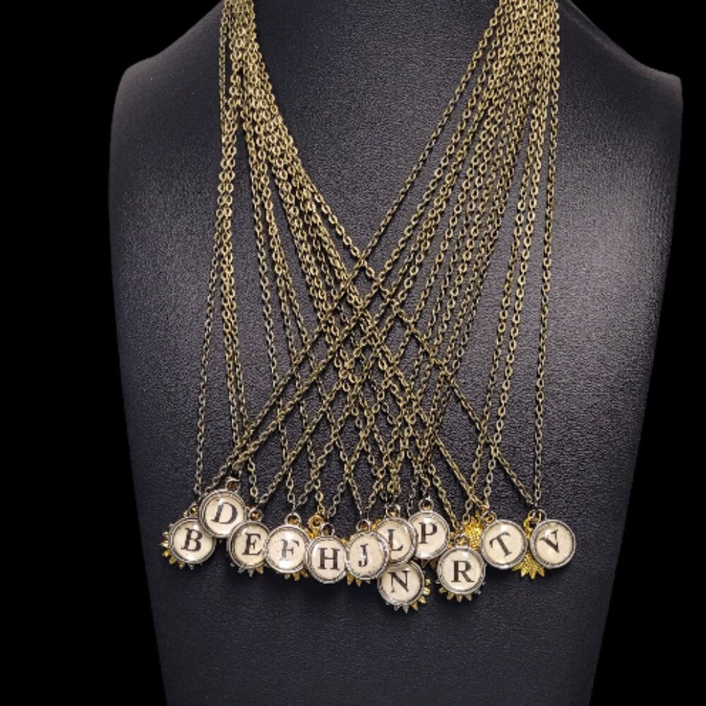 Vintage Typewriter Key (Tim Holtz) Initials Gold Plated Sunflower Charm Necklace - Picture 8 of 14
